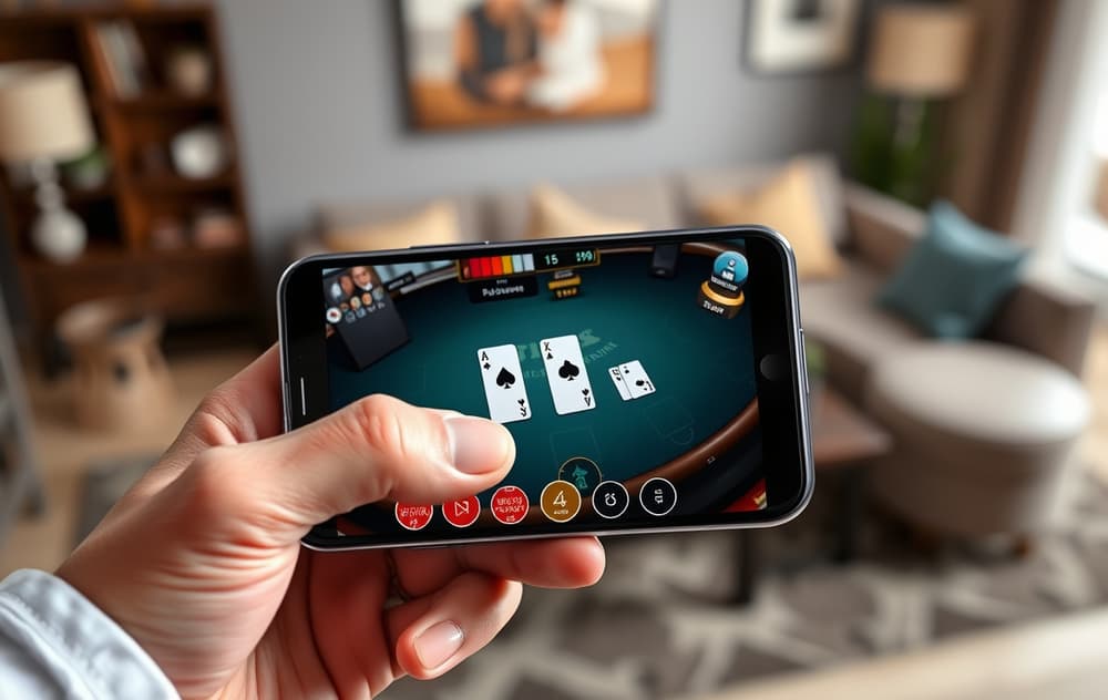 Mobiltelefon som viser blackjack-spill på et nettcasino, med kort og sjetonger på skjermen.