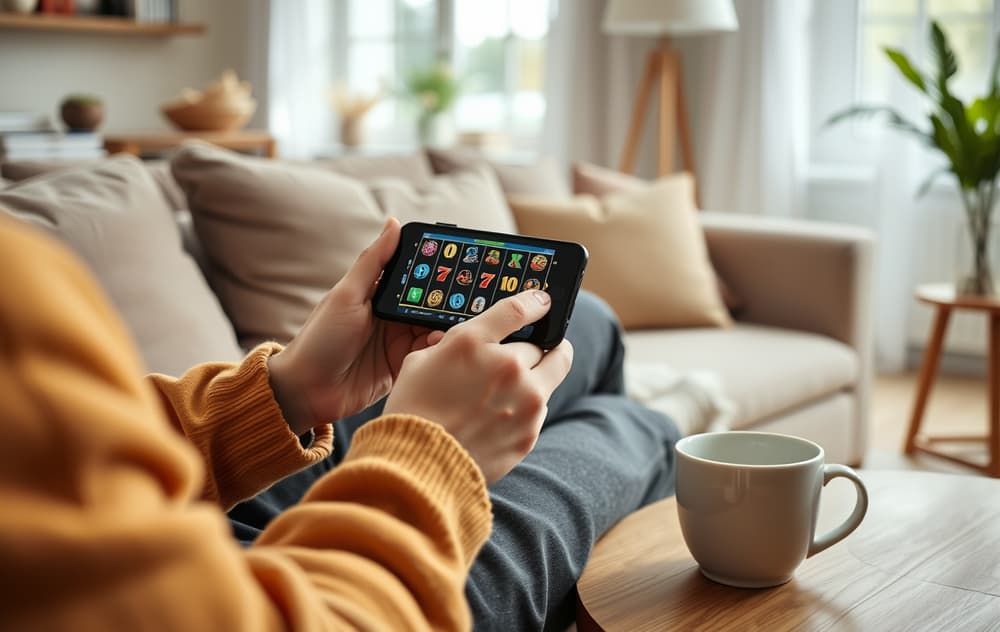Person som spiller casinospill på mobilen i en stue