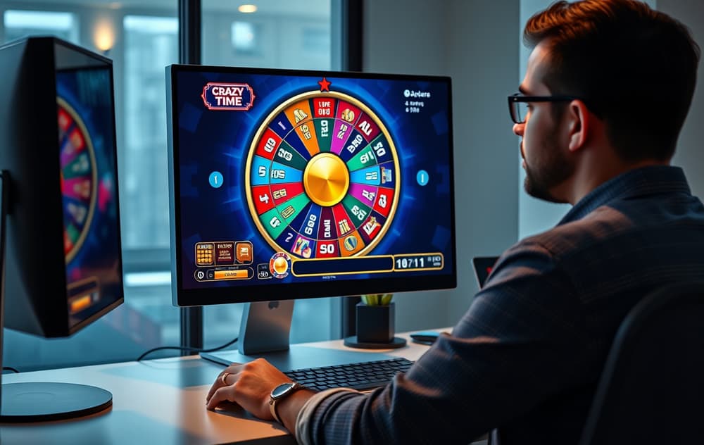 En person som ser på Crazy Time live-hjulspillet på en dataskjerm med fargerike bonussegmenter og vert.