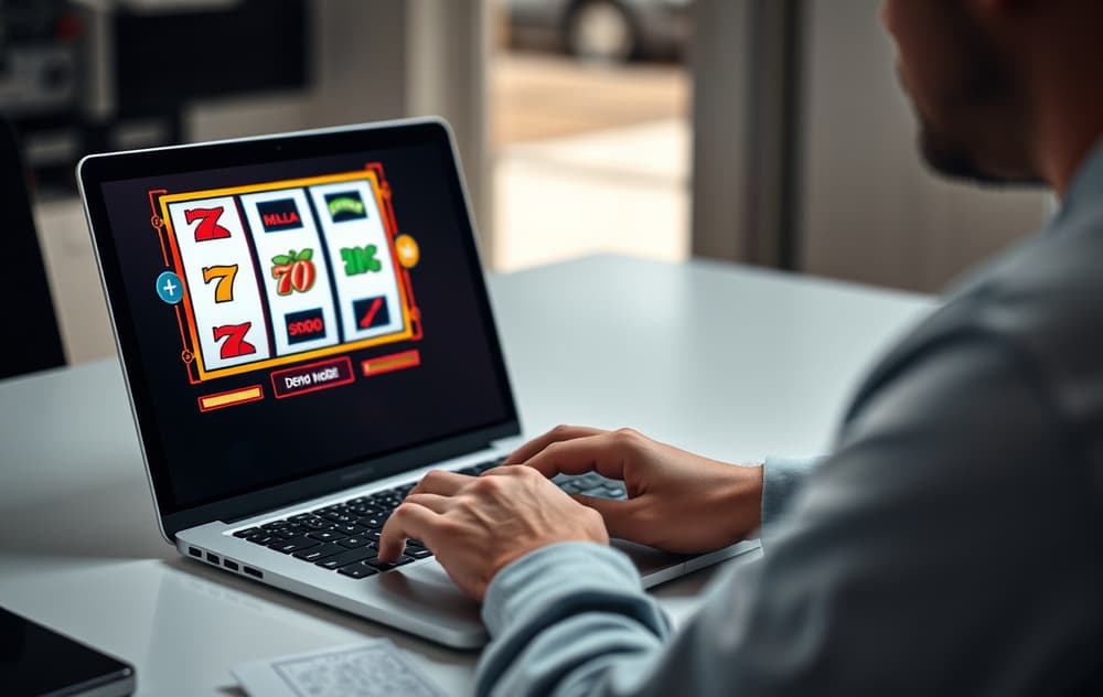 En person spiller på en spilleautomat i demomodus på en bærbar PC