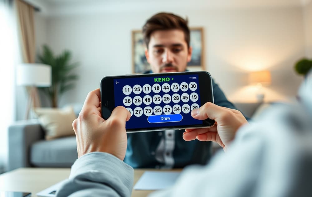 En person som spiller Keno på mobiltelefon i en stue