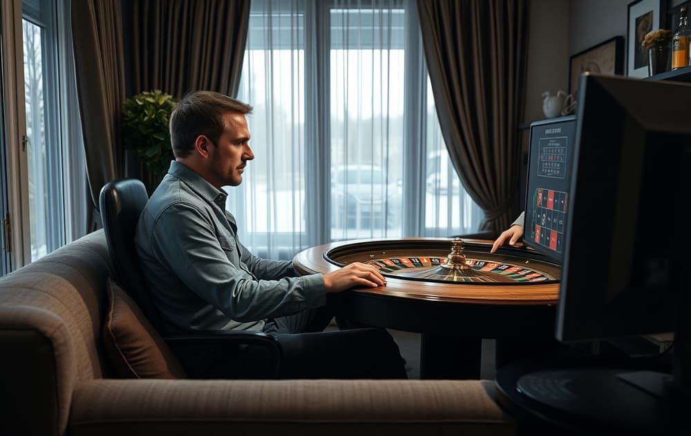 Norsk spiller i stue som spiller live rulett på bærbar PC med ekte dealer på skjermen.