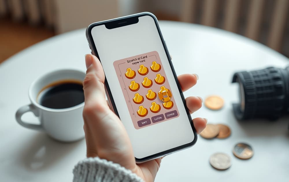 Hånd som holder smarttelefon med digitalt skrapelodd, delvis skrapt, med kaffekopp og mynter på bordet.